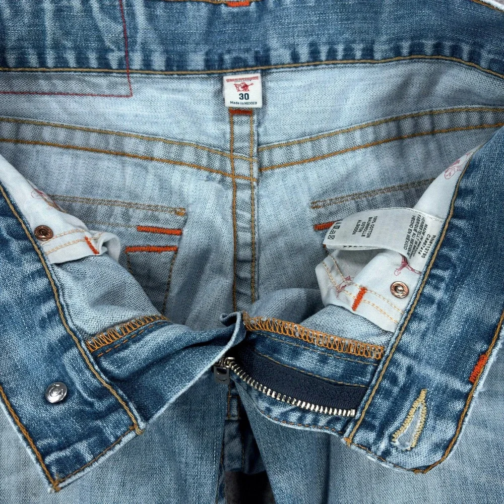 True Religion World Tour Straight Flap Jeans Mens 30 Light Wash Distressed Y2K